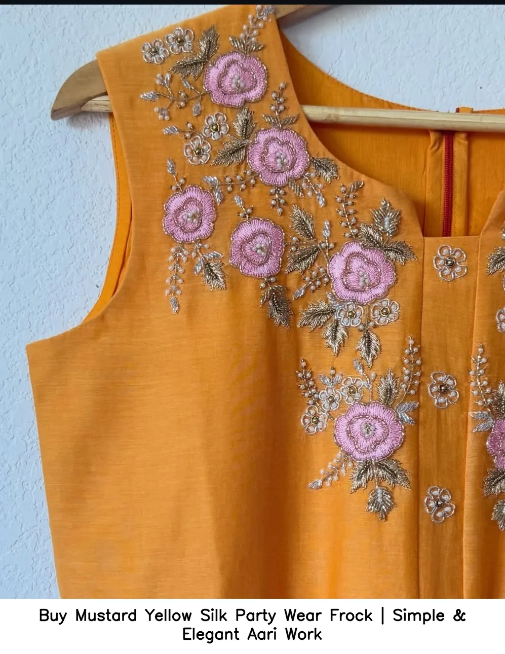 ​​Buy Mustard Yellow Silk Party Wear Frock | Simple & Elegant Aari Work