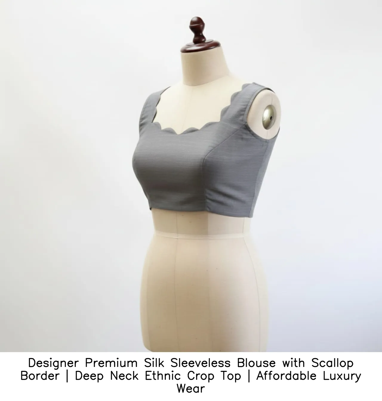​​Designer Premium Silk Sleeveless Blouse with Scallop Border | Deep Neck Ethnic Crop Top | Affordable Luxury Wear
