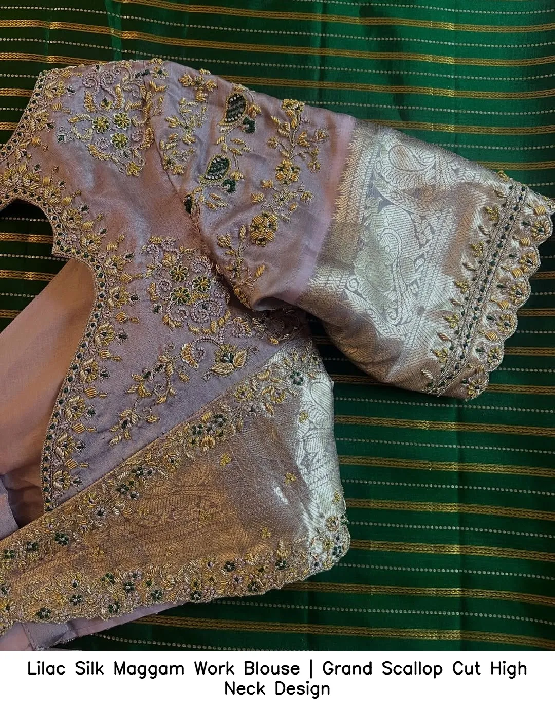 ​​Lilac Silk Maggam Work Blouse | Grand Scallop Cut High Neck Design