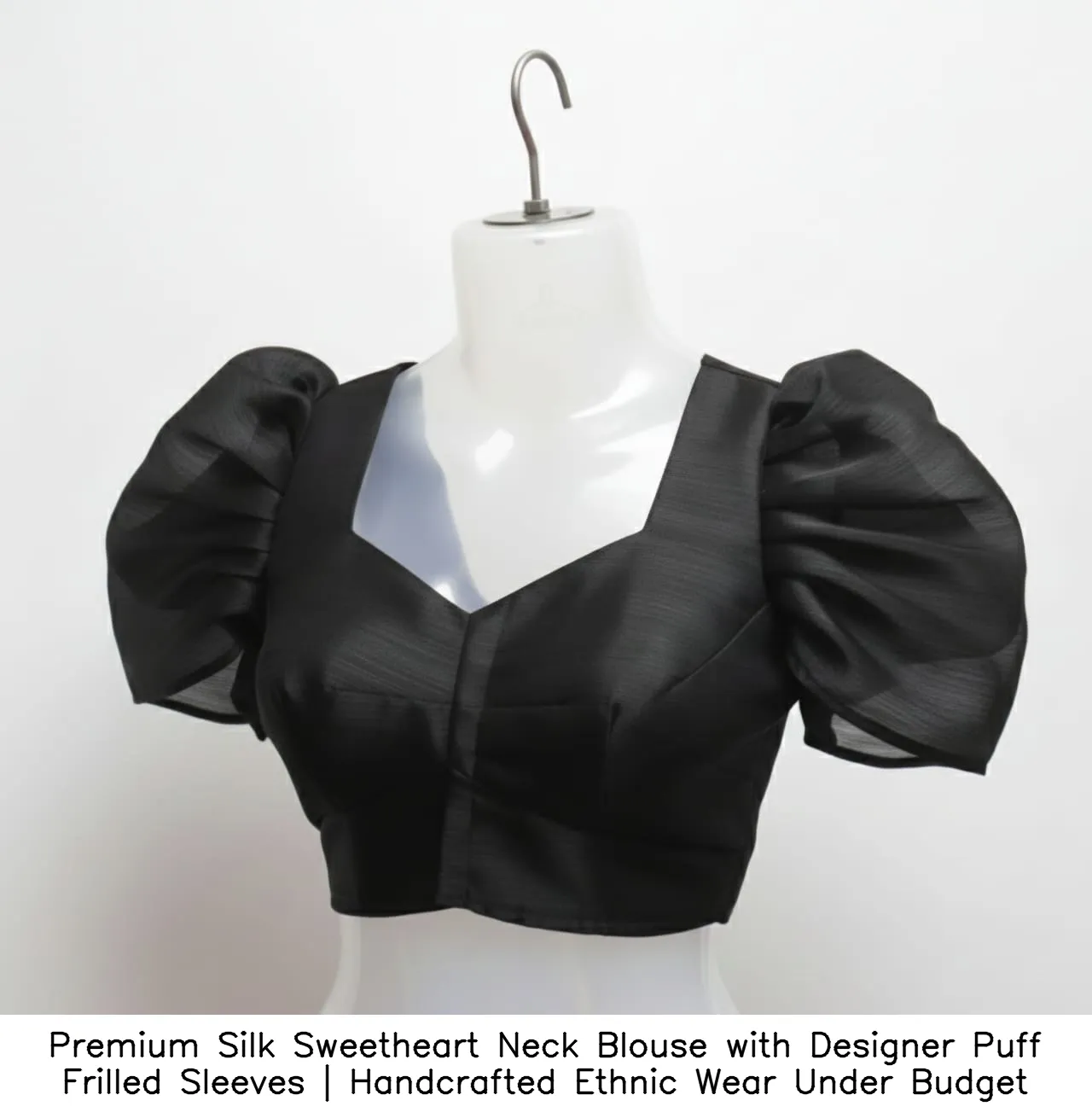 ​​Premium Silk Sweetheart Neck Blouse with Designer Puff Frilled Sleeves | Handcrafted Ethnic Wear Under Budget