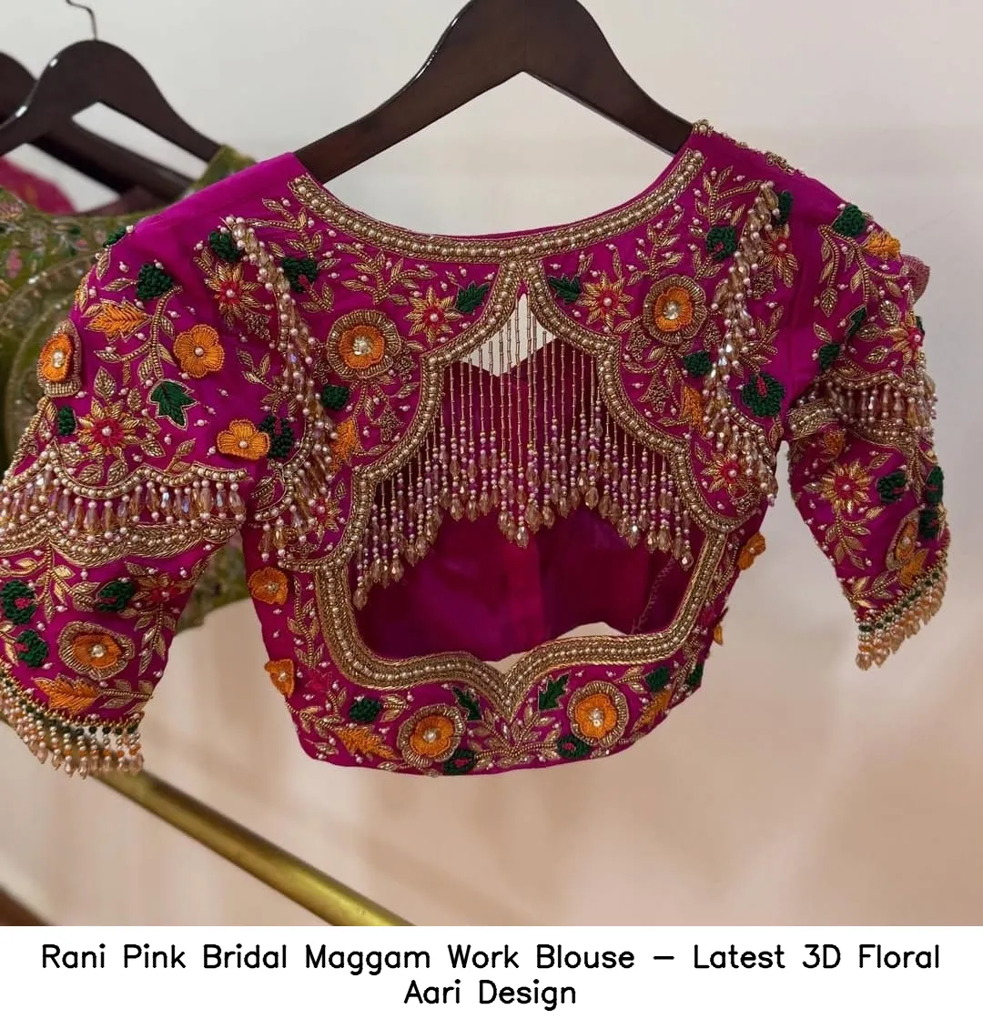 ​​Rani Pink Bridal Maggam Work Blouse - Latest 3D Floral Aari Design