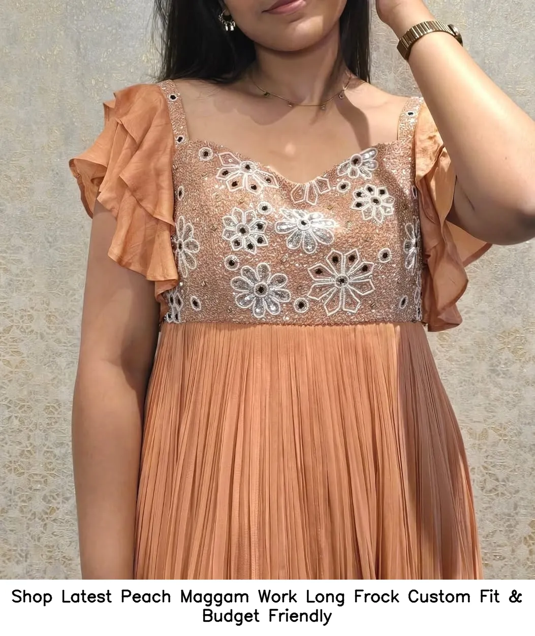 ​​Shop Latest Peach Maggam Work Long Frock – Custom Fit & Budget Friendly