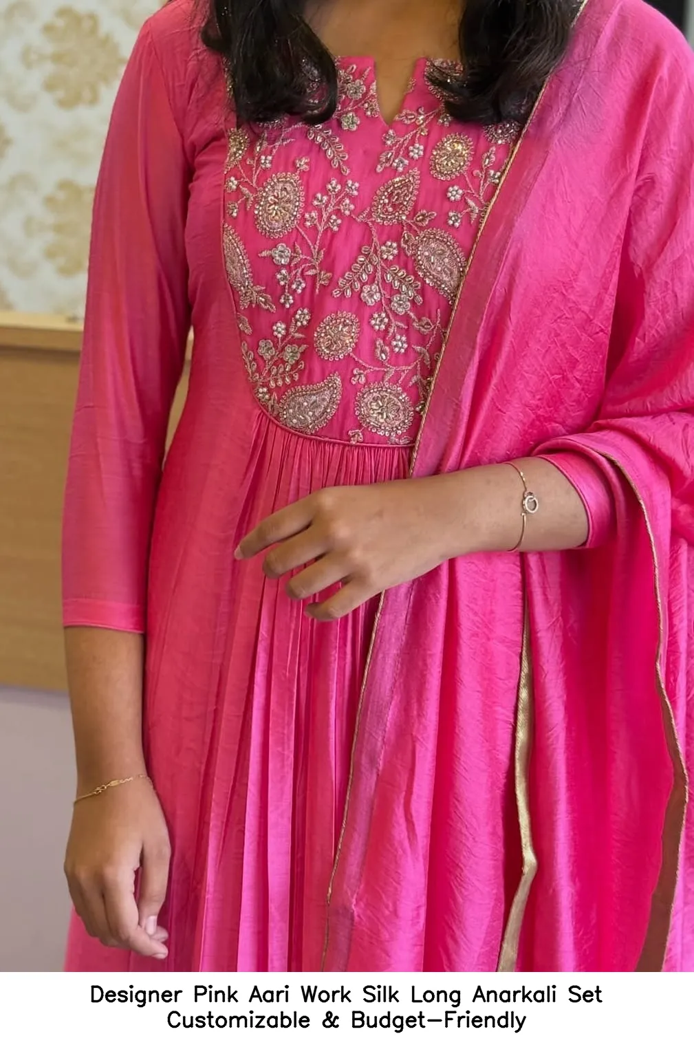 ​​​Designer Pink Aari Work Silk Long Anarkali Set – Customizable & Budget-Friendly