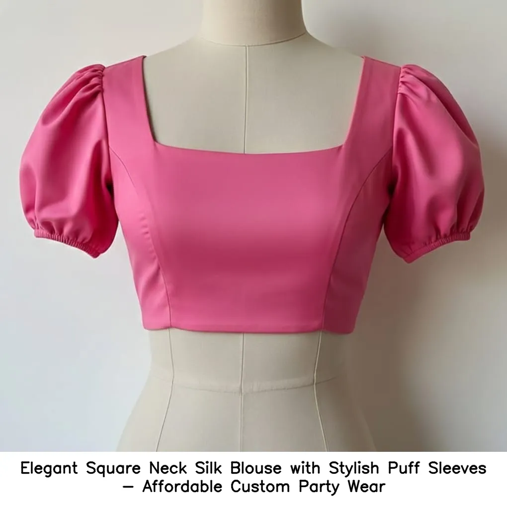 ​​​Elegant Square Neck Silk Blouse with Stylish Puff Sleeves - Affordable Custom Party Wear