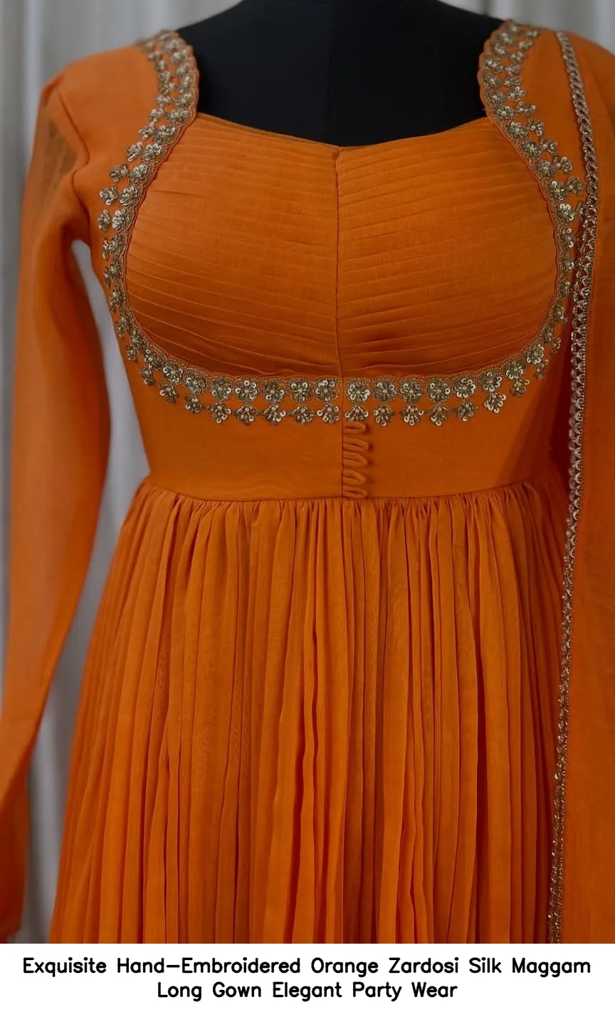 ​​​Exquisite Hand-Embroidered Orange Zardosi Silk Maggam Long Gown – Elegant Party Wear