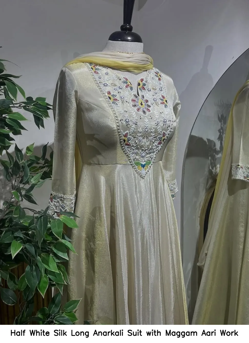 ​​​Half White Silk Long Anarkali Suit with Maggam Aari Work