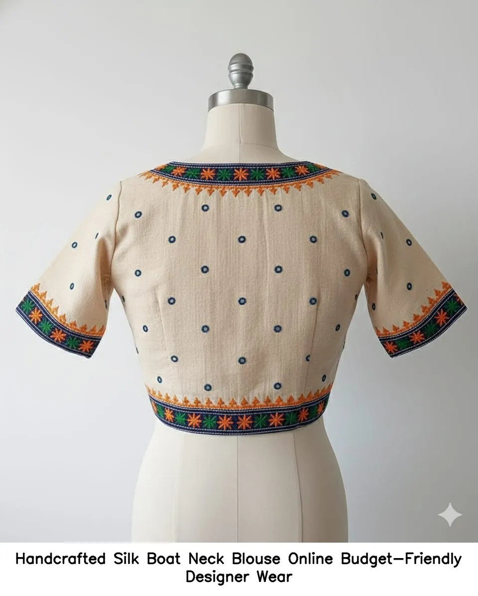 ​​​Handcrafted Silk Boat Neck Blouse Online – Budget-Friendly Designer Wear