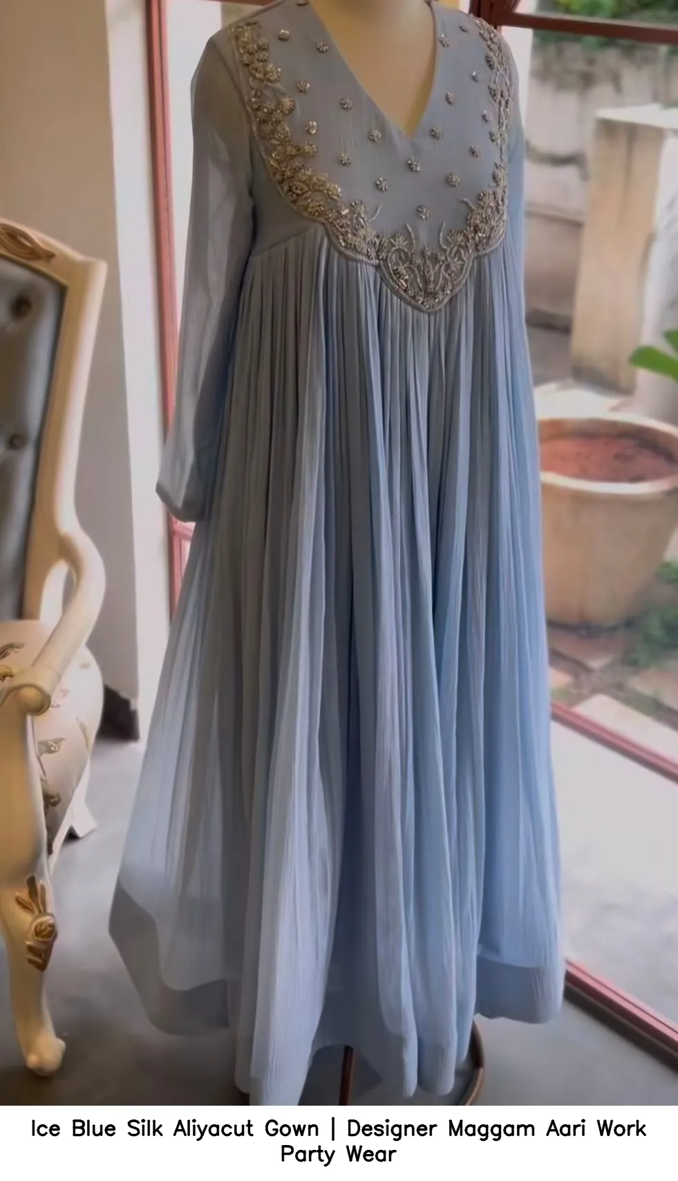 ​​​Ice Blue Silk Aliyacut Gown | Designer Maggam  Aari Work Party Wear