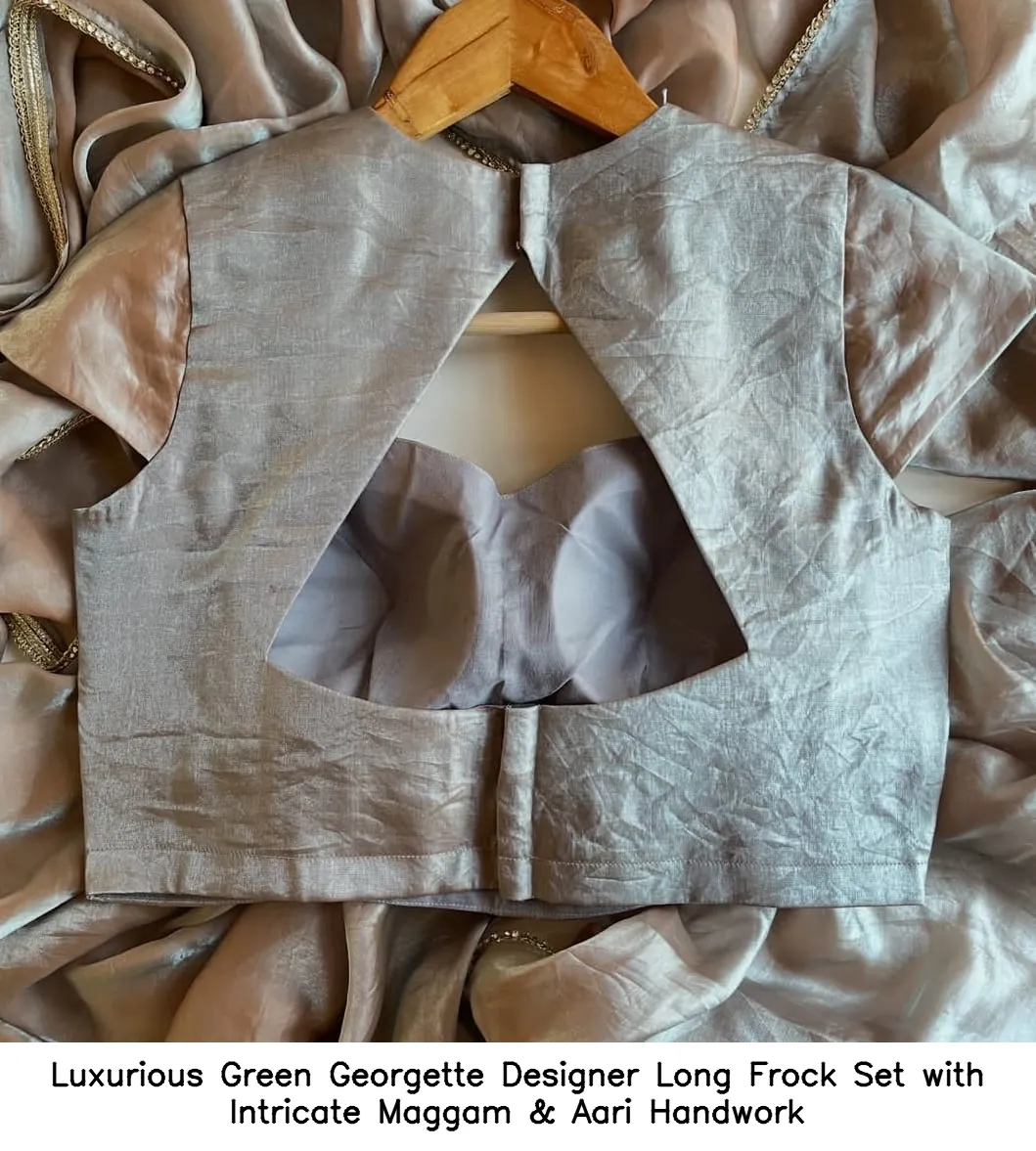 ​​​Luxurious Green Georgette Designer Long Frock Set with Intricate Maggam & Aari Handwork