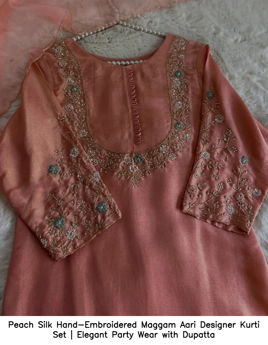 ​​​Peach Silk Hand-Embroidered Maggam Aari Designer Kurti Set | Elegant Party Wear with Dupatta