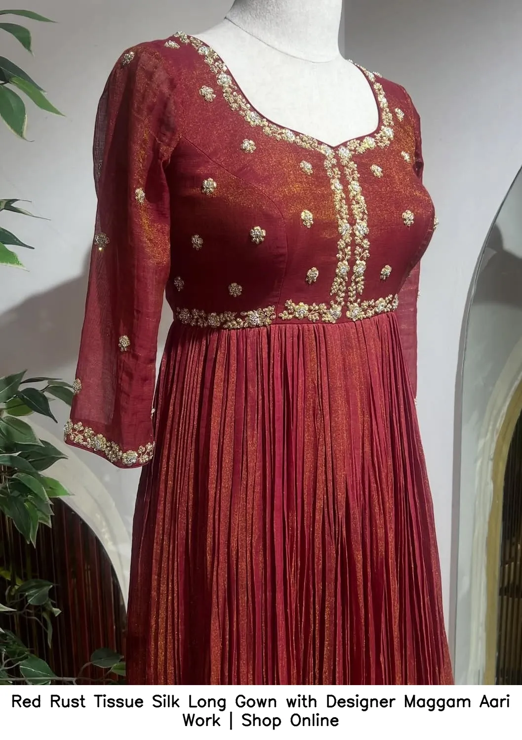​​​Red Rust Tissue Silk Long Gown with Designer Maggam Aari Work | Shop Online