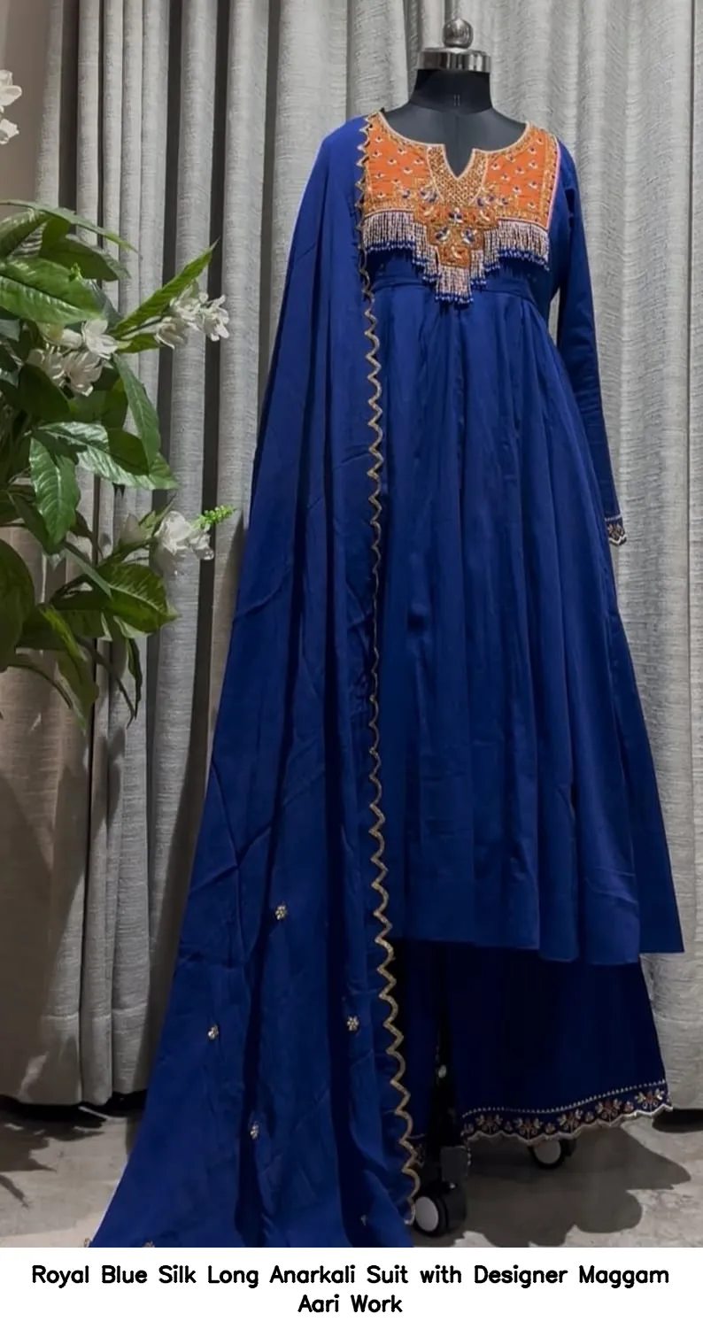 ​​​Royal Blue Silk Long Anarkali Suit with Designer Maggam Aari Work