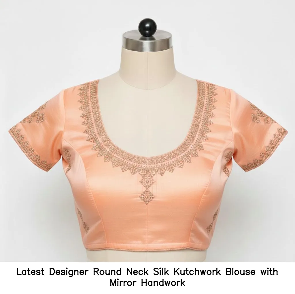 ​​​​Latest Designer Round Neck Silk Kutchwork Blouse with Mirror Handwork