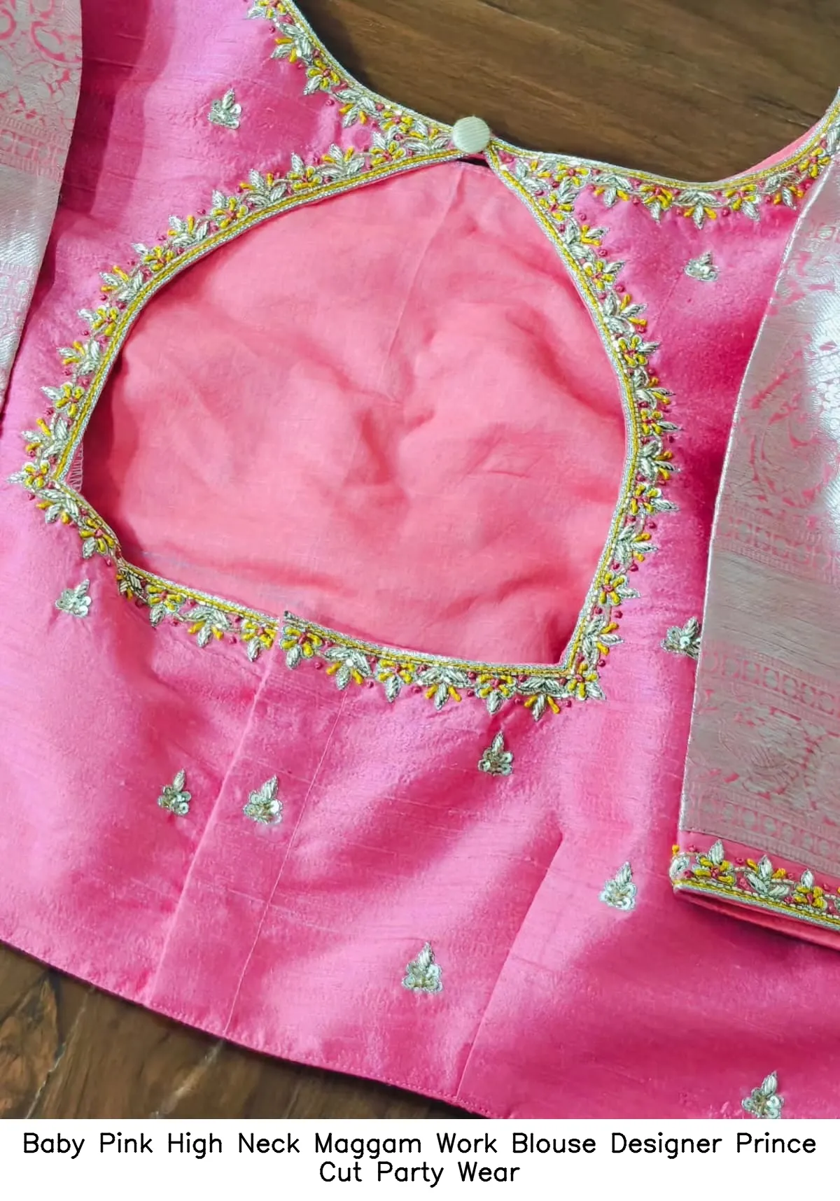 Baby Pink High Neck Maggam Work Blouse – Designer Prince Cut Party Wear