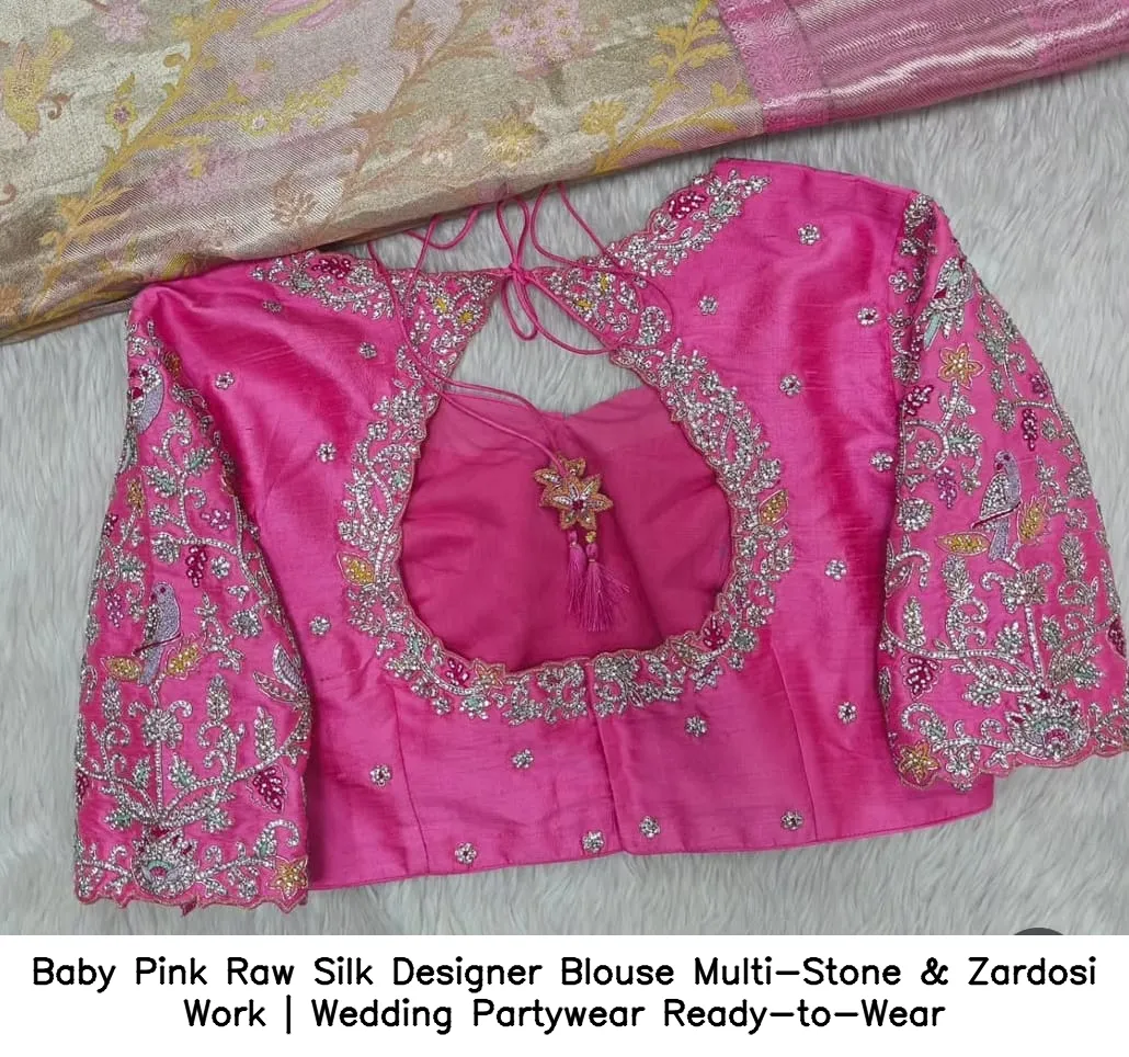 Baby Pink Raw Silk Designer Blouse – Multi-Stone & Zardosi Work | Wedding  Partywear Ready-to-Wear