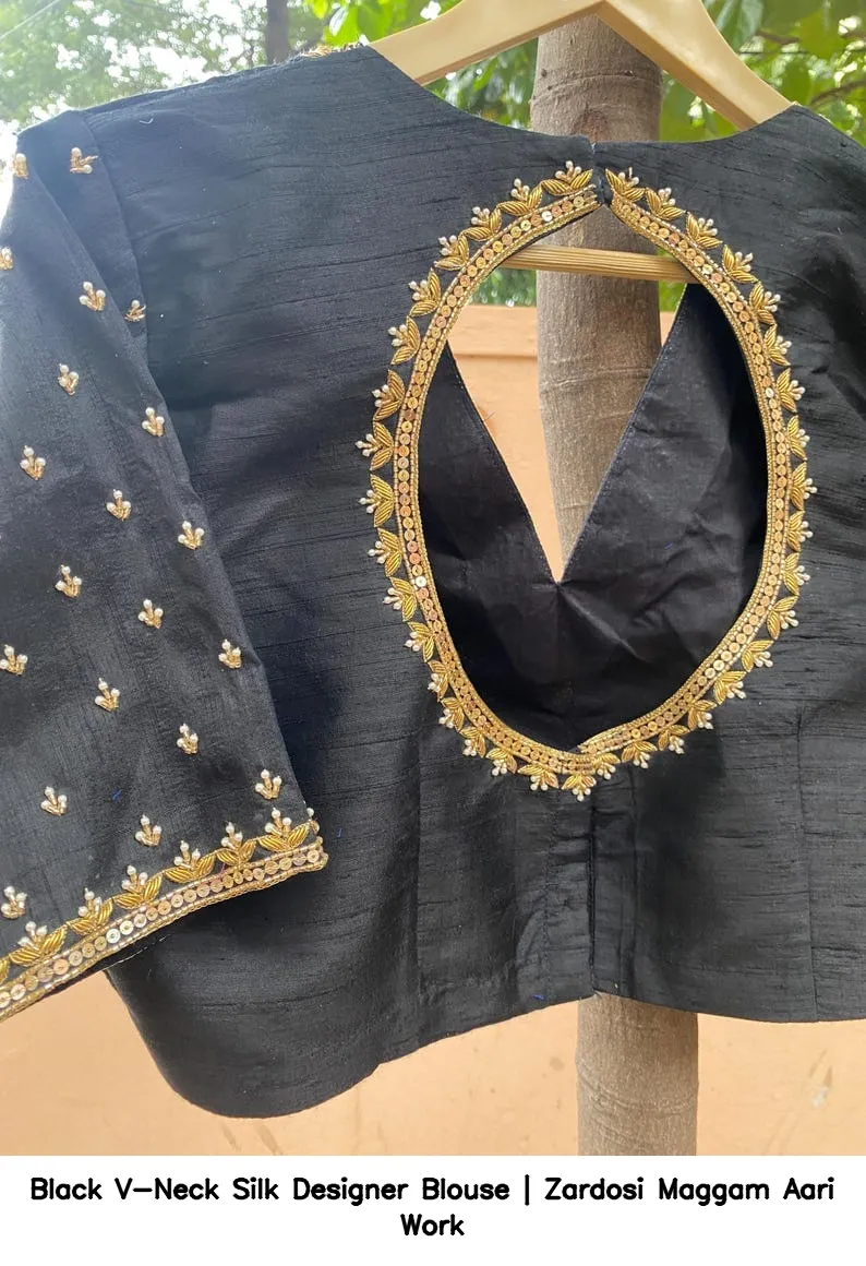 Black V-Neck Silk Designer Blouse | Zardosi  Maggam Aari Work