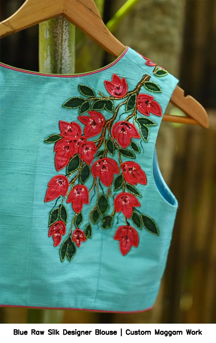 Blue Raw Silk Designer Blouse | Custom Maggam Work