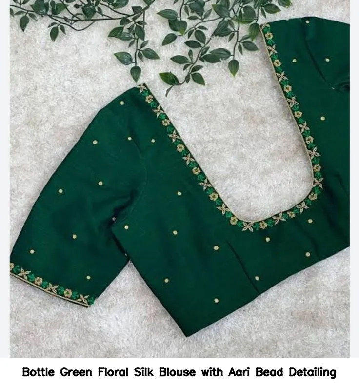 Bottle Green Floral Silk Blouse with Aari  Bead Detailing