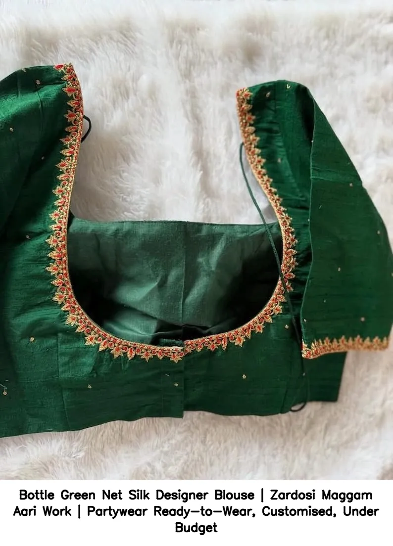 Bottle Green Net Silk Designer Blouse | Zardosi  Maggam Aari Work | Partywear Ready-to-Wear, Customised, Under Budget