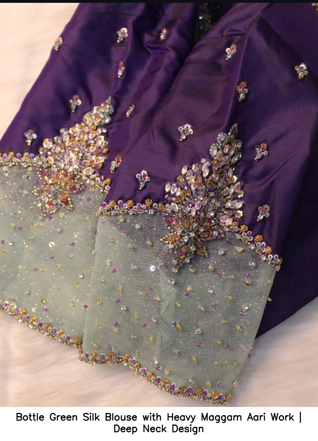 Bottle Green Silk Blouse with Heavy Maggam Aari Work | Deep Neck Design