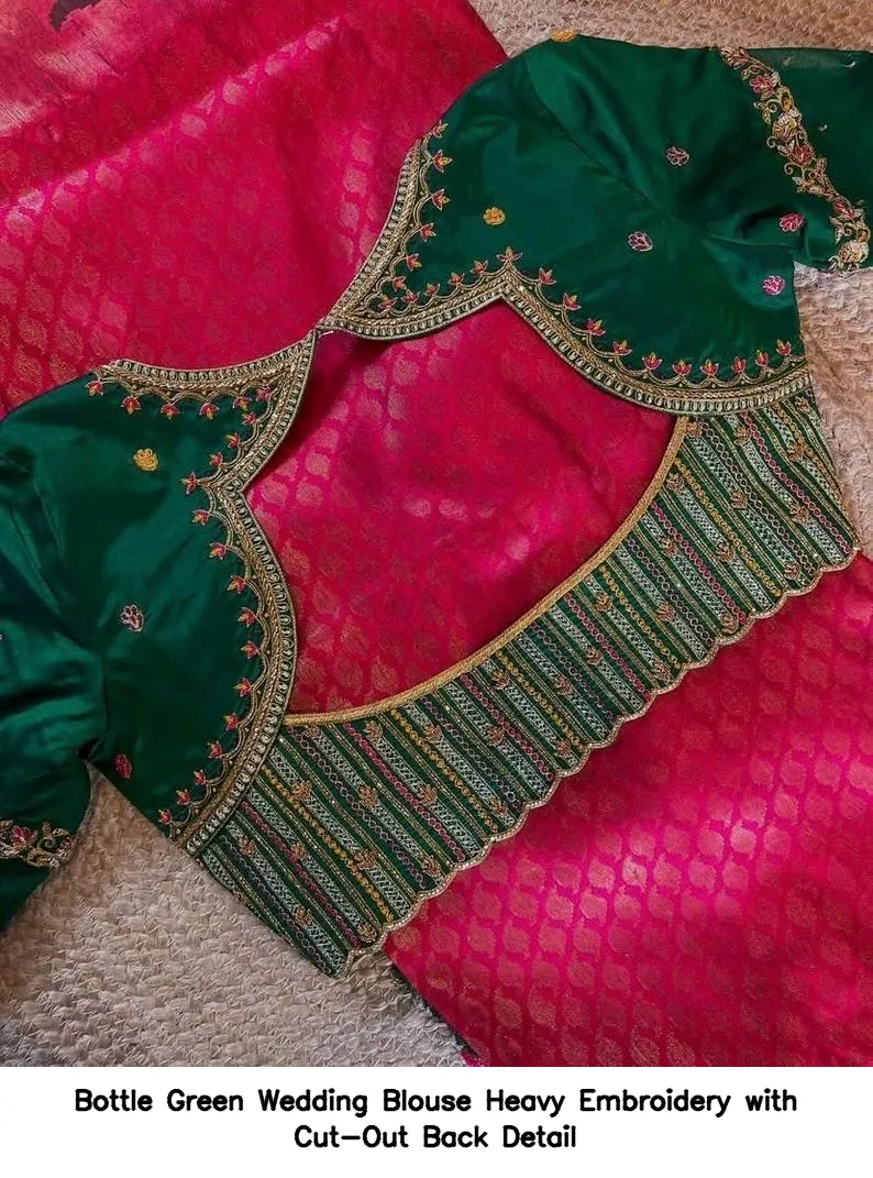 Bottle Green Wedding Blouse – Heavy Embroidery with Cut-Out Back Detail