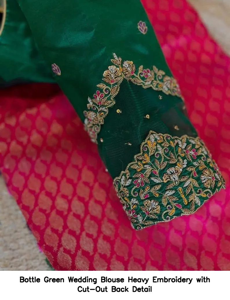 Bottle Green Wedding Blouse – Heavy Embroidery with Cut-Out Back Detail - Image 2