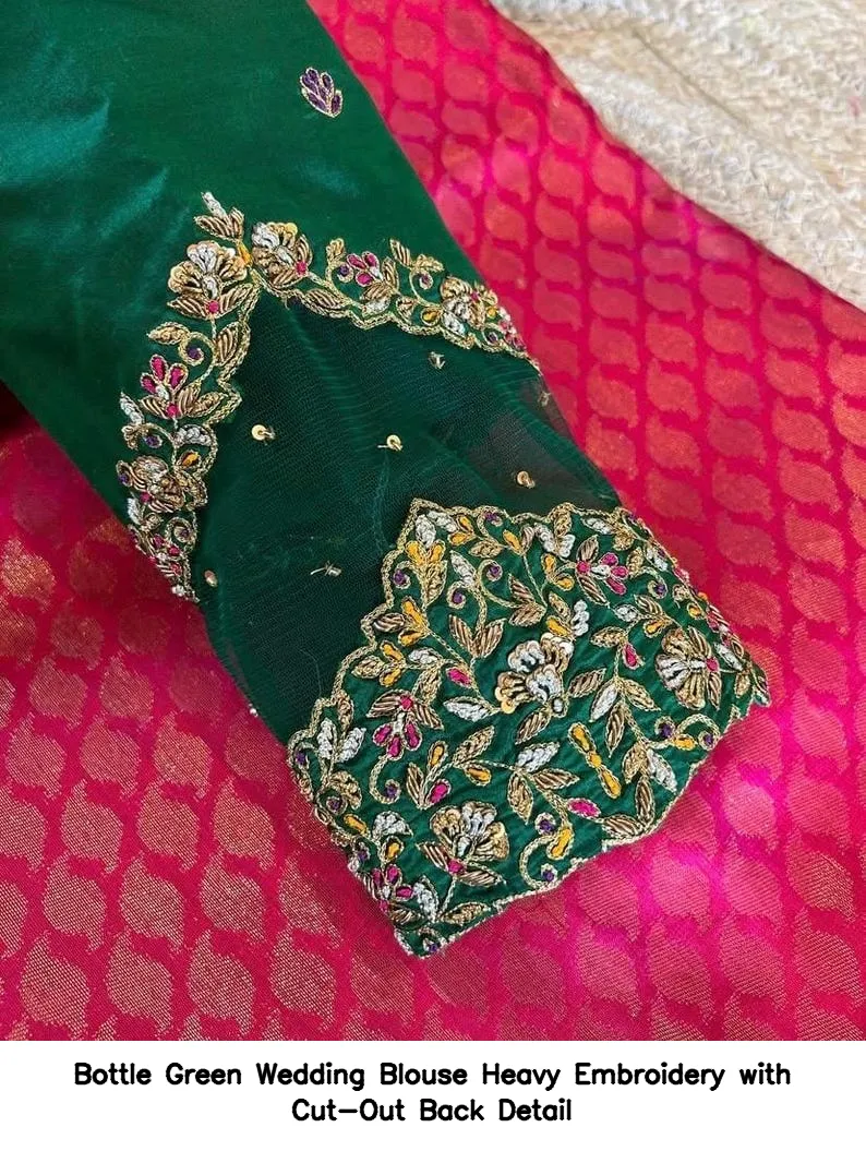 Bottle Green Wedding Blouse – Heavy Embroidery with Cut-Out Back Detail - Image 3