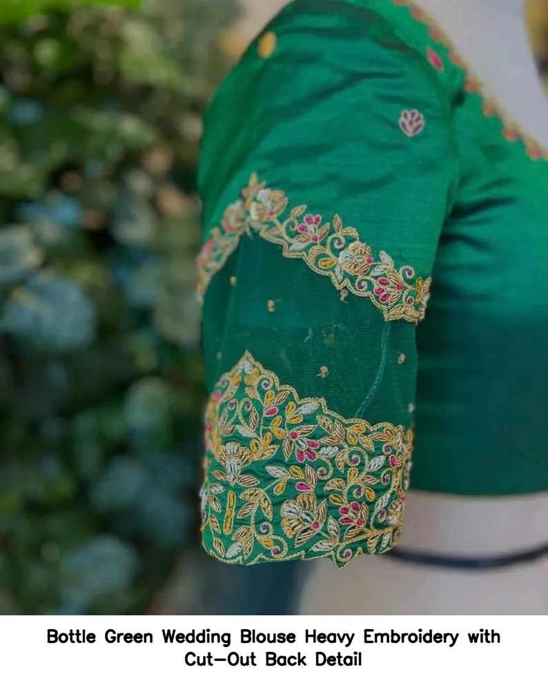 Bottle Green Wedding Blouse – Heavy Embroidery with Cut-Out Back Detail - Image 5