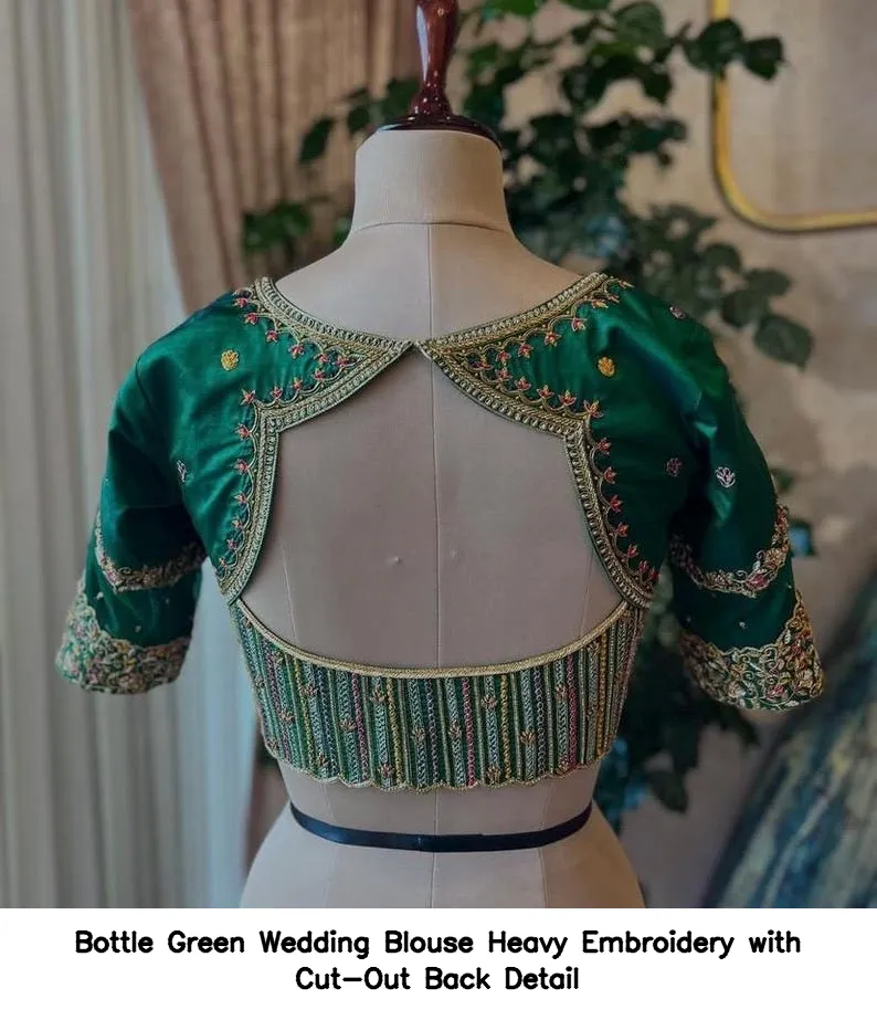 Bottle Green Wedding Blouse – Heavy Embroidery with Cut-Out Back Detail - Image 6