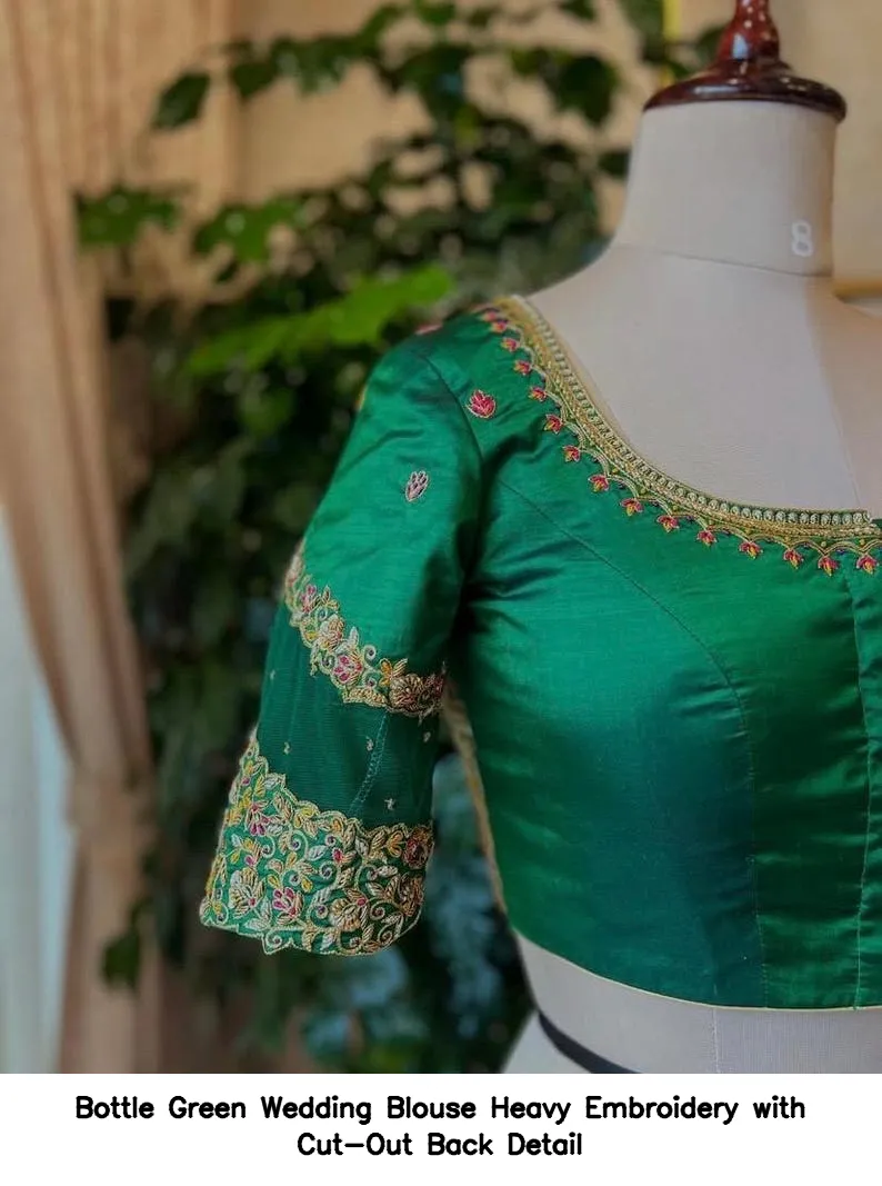 Bottle Green Wedding Blouse – Heavy Embroidery with Cut-Out Back Detail - Image 7