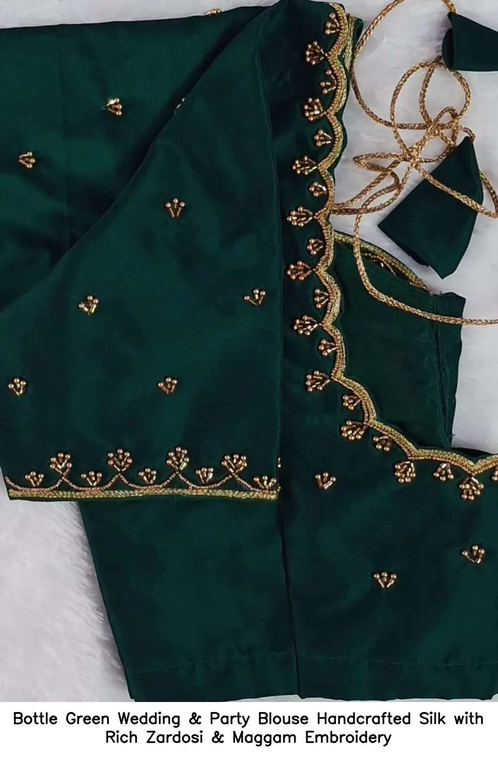 Bottle Green Wedding & Party Blouse – Handcrafted Silk with Rich Zardosi & Maggam Embroidery
