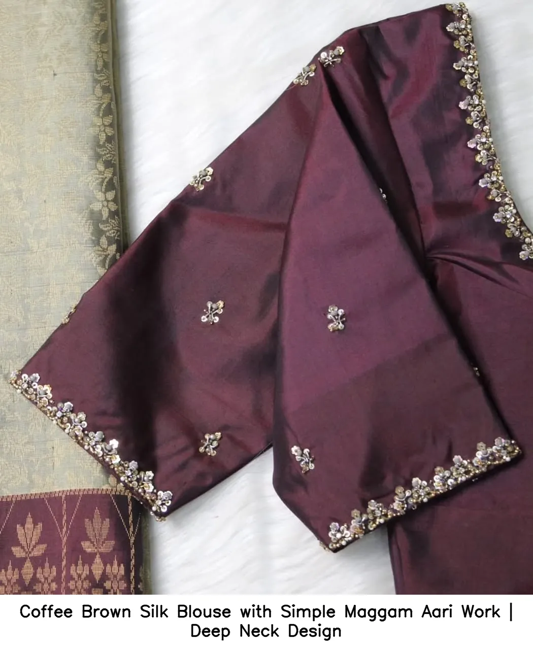 Coffee Brown Silk Blouse with Simple Maggam Aari Work | Deep Neck Design - Image 2