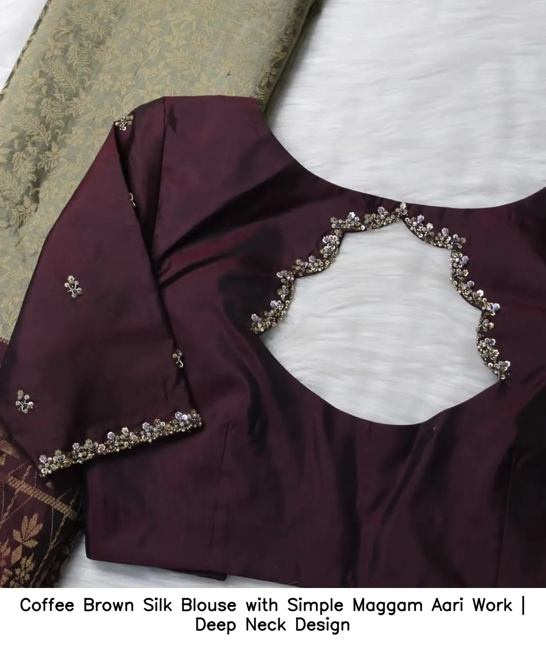Coffee Brown Silk Blouse with Simple Maggam Aari Work | Deep Neck Design - Image 3