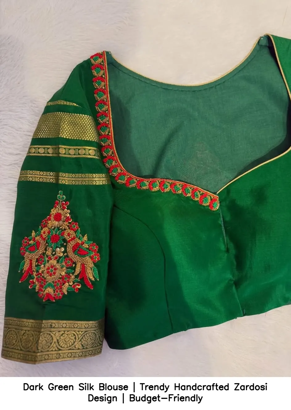 Dark Green Silk Blouse | Trendy Handcrafted Zardosi Design | Budget-Friendly - Image 2