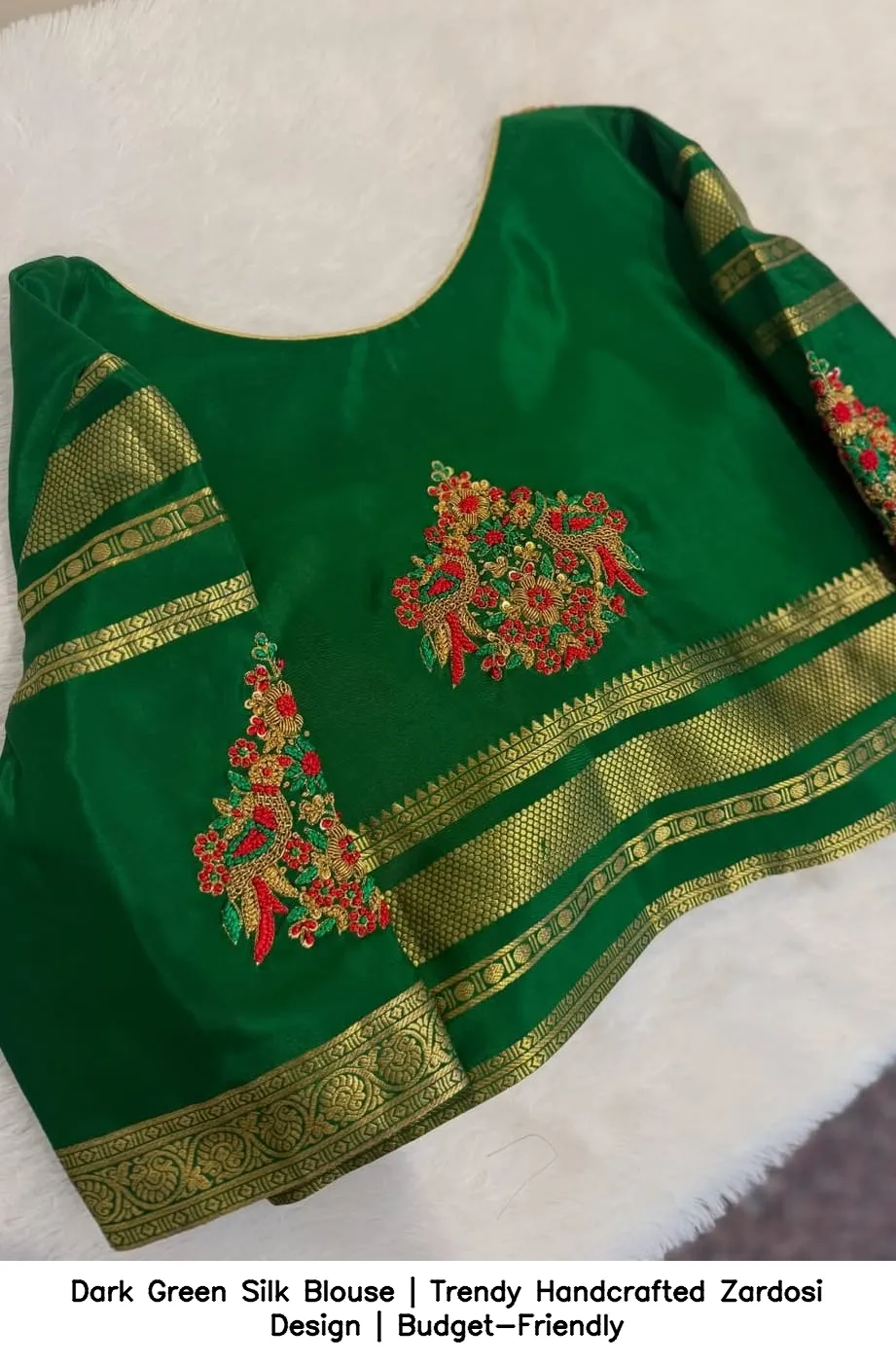 Dark Green Silk Blouse | Trendy Handcrafted Zardosi Design | Budget-Friendly - Image 3