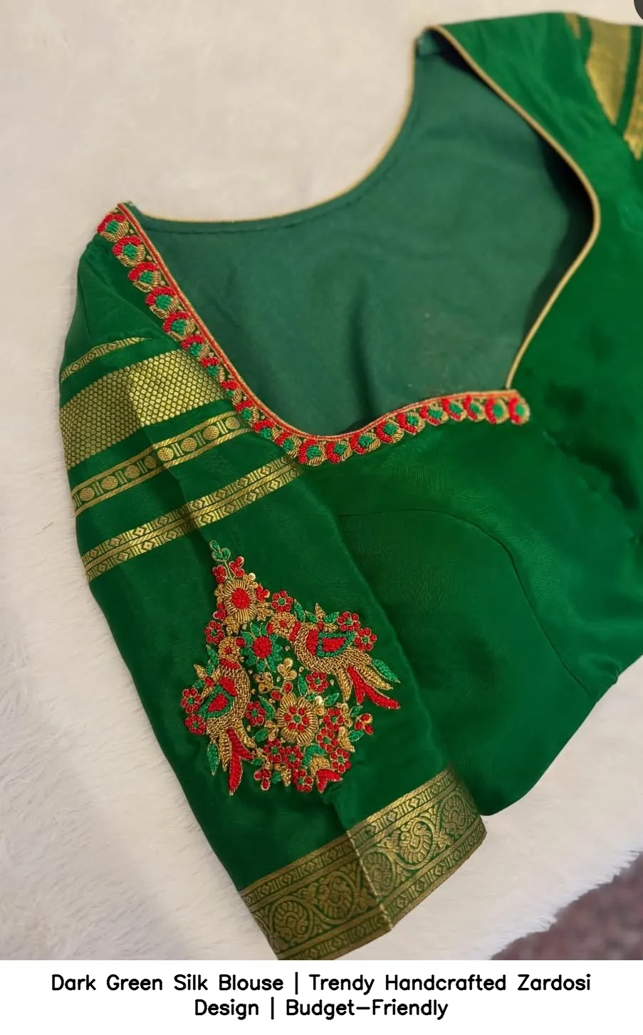 Dark Green Silk Blouse | Trendy Handcrafted Zardosi Design | Budget-Friendly - Image 4