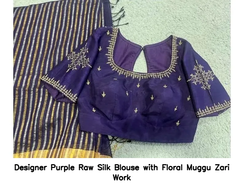 Designer Purple Raw Silk Blouse with Floral Muggu Zari Work