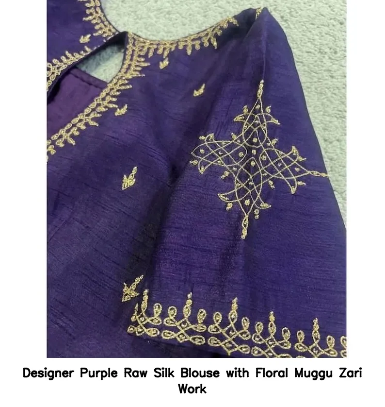 Designer Purple Raw Silk Blouse with Floral Muggu Zari Work - Image 2