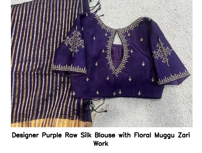 Designer Purple Raw Silk Blouse with Floral Muggu Zari Work - Image 6