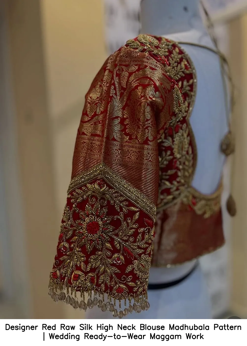 Designer Red Raw Silk High Neck Blouse – Madhubala Pattern | Wedding Ready-to-Wear Maggam Work