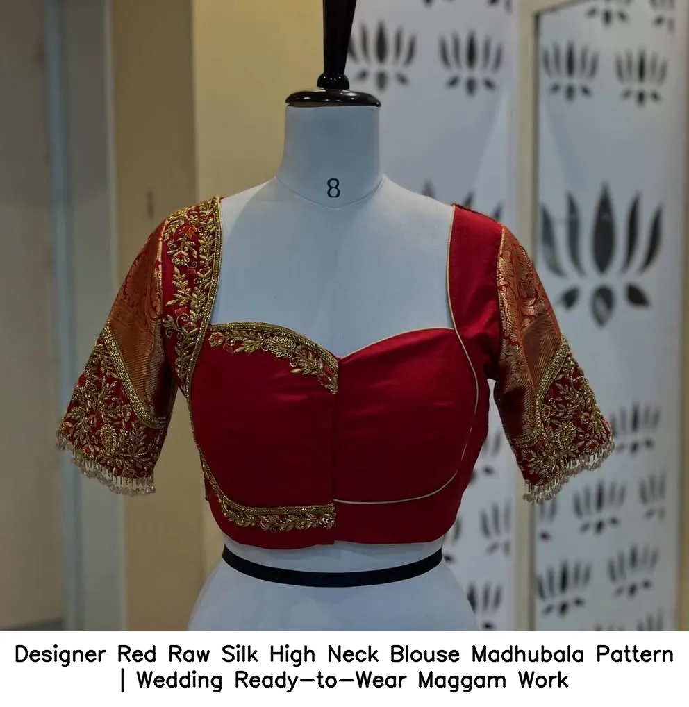 Designer Red Raw Silk High Neck Blouse – Madhubala Pattern | Wedding Ready-to-Wear Maggam Work - Image 2