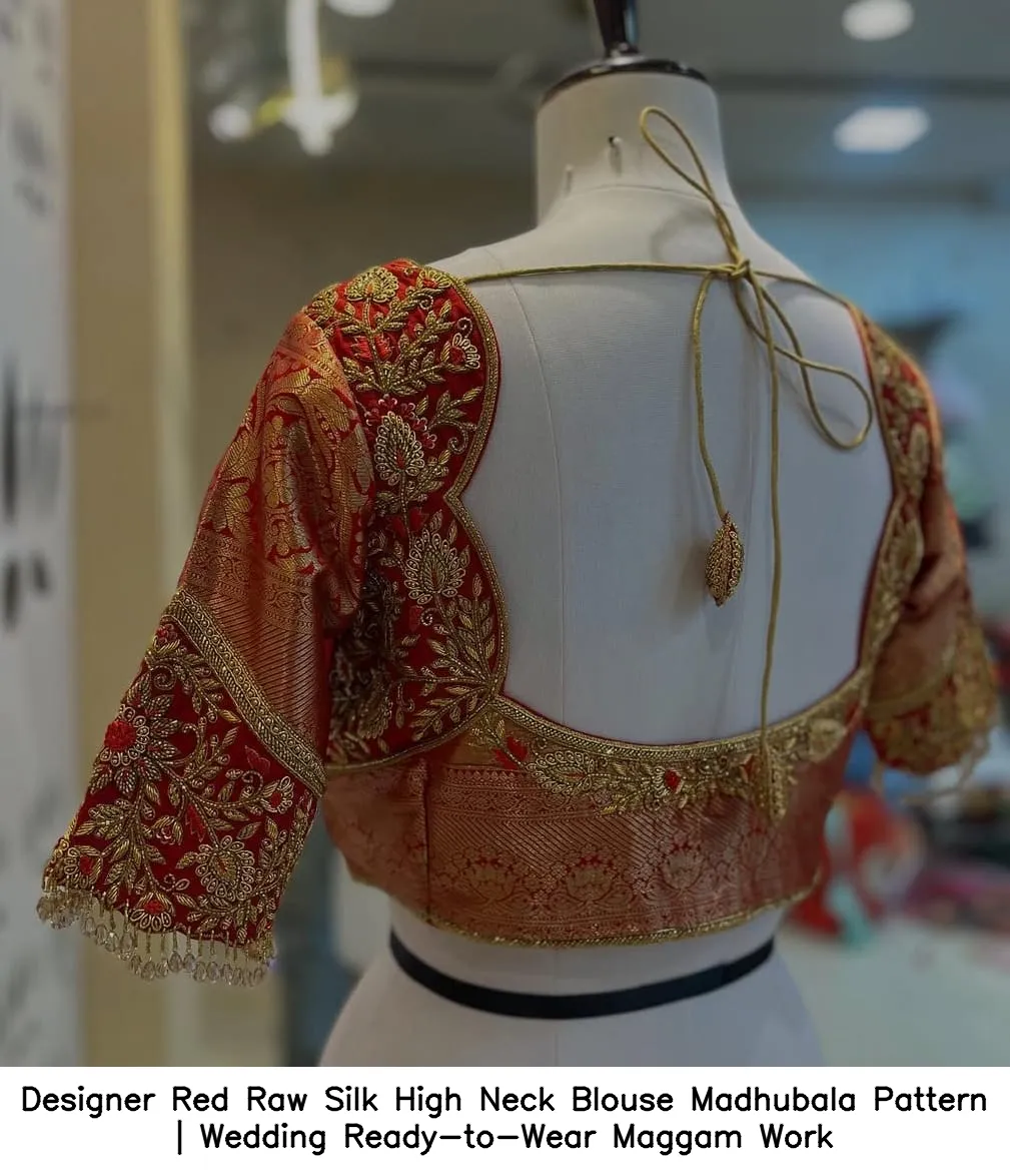 Designer Red Raw Silk High Neck Blouse – Madhubala Pattern | Wedding Ready-to-Wear Maggam Work - Image 3