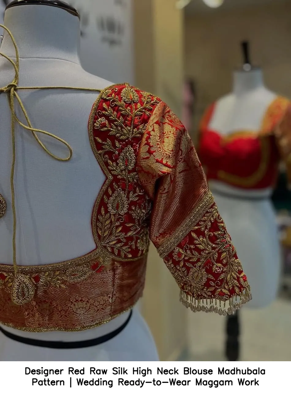 Designer Red Raw Silk High Neck Blouse – Madhubala Pattern | Wedding Ready-to-Wear Maggam Work - Image 4
