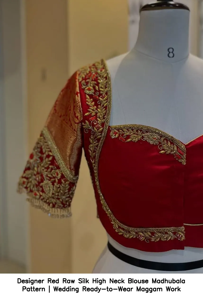 Designer Red Raw Silk High Neck Blouse – Madhubala Pattern | Wedding Ready-to-Wear Maggam Work - Image 5