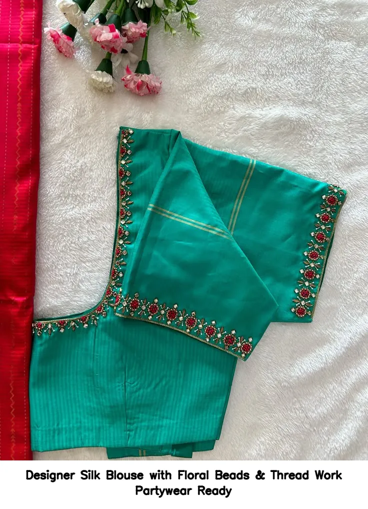 Designer Silk Blouse with Floral Beads & Thread Work – Partywear Ready