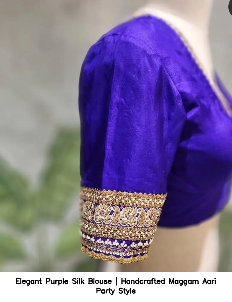 Elegant Purple Silk Blouse | Handcrafted Maggam Aari Party Style - Image 2