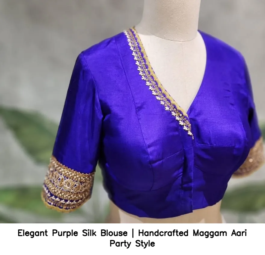Elegant Purple Silk Blouse | Handcrafted Maggam Aari Party Style - Image 3