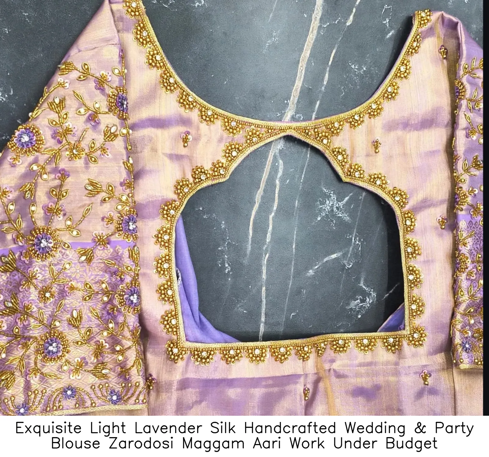 Exquisite Light Lavender Silk Handcrafted Wedding & Party Blouse – Zarodosi Maggam Aari Work Under Budget - Image 3