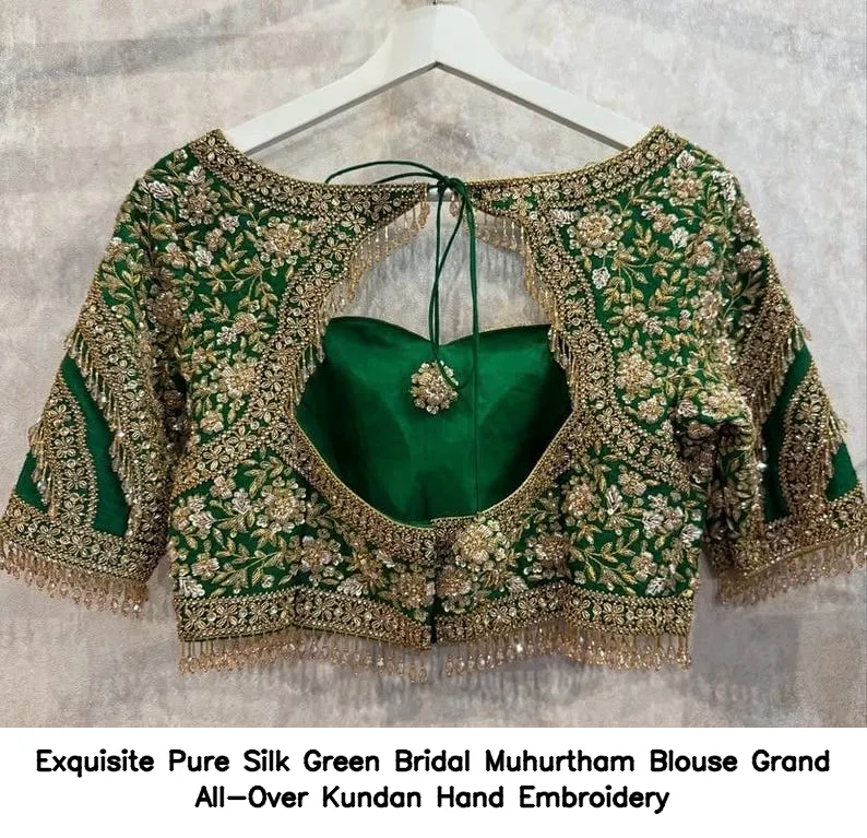 Exquisite Pure Silk Green Bridal Muhurtham Blouse – Grand All-Over Kundan  Hand Embroidery