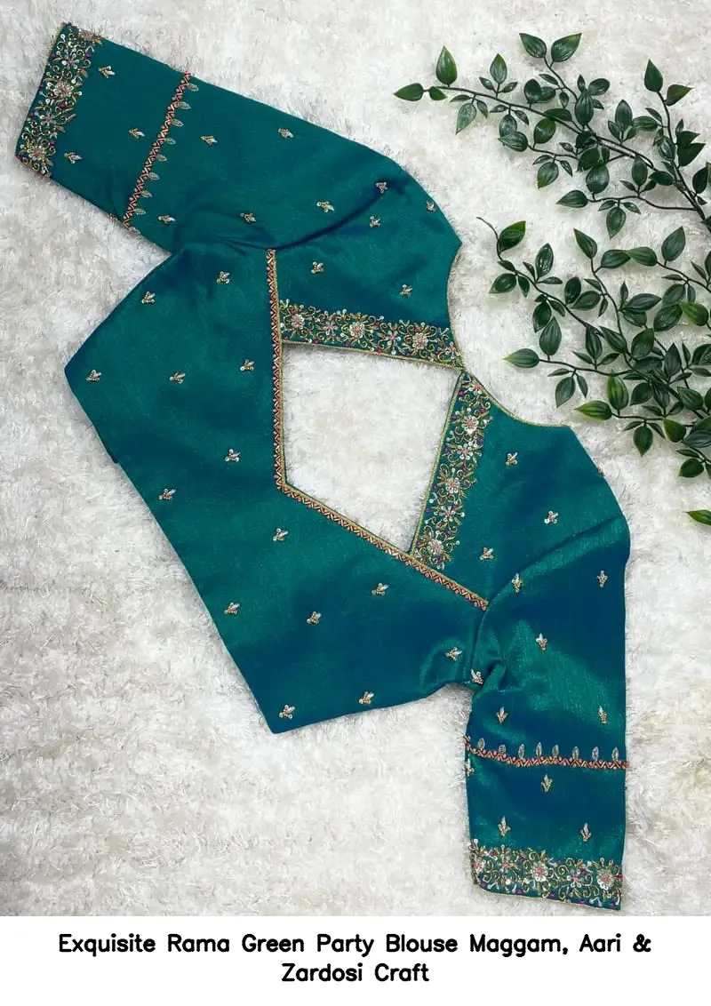 Exquisite Rama Green Party Blouse – Maggam, Aari & Zardosi Craft